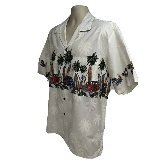 Pacific Legend White Hawaiian Floral Woody Surfboard Button Up Shirt XL Pocket - Picture 2 of 8
